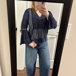 Lucky Brand Navy and Red Patterned Blouse